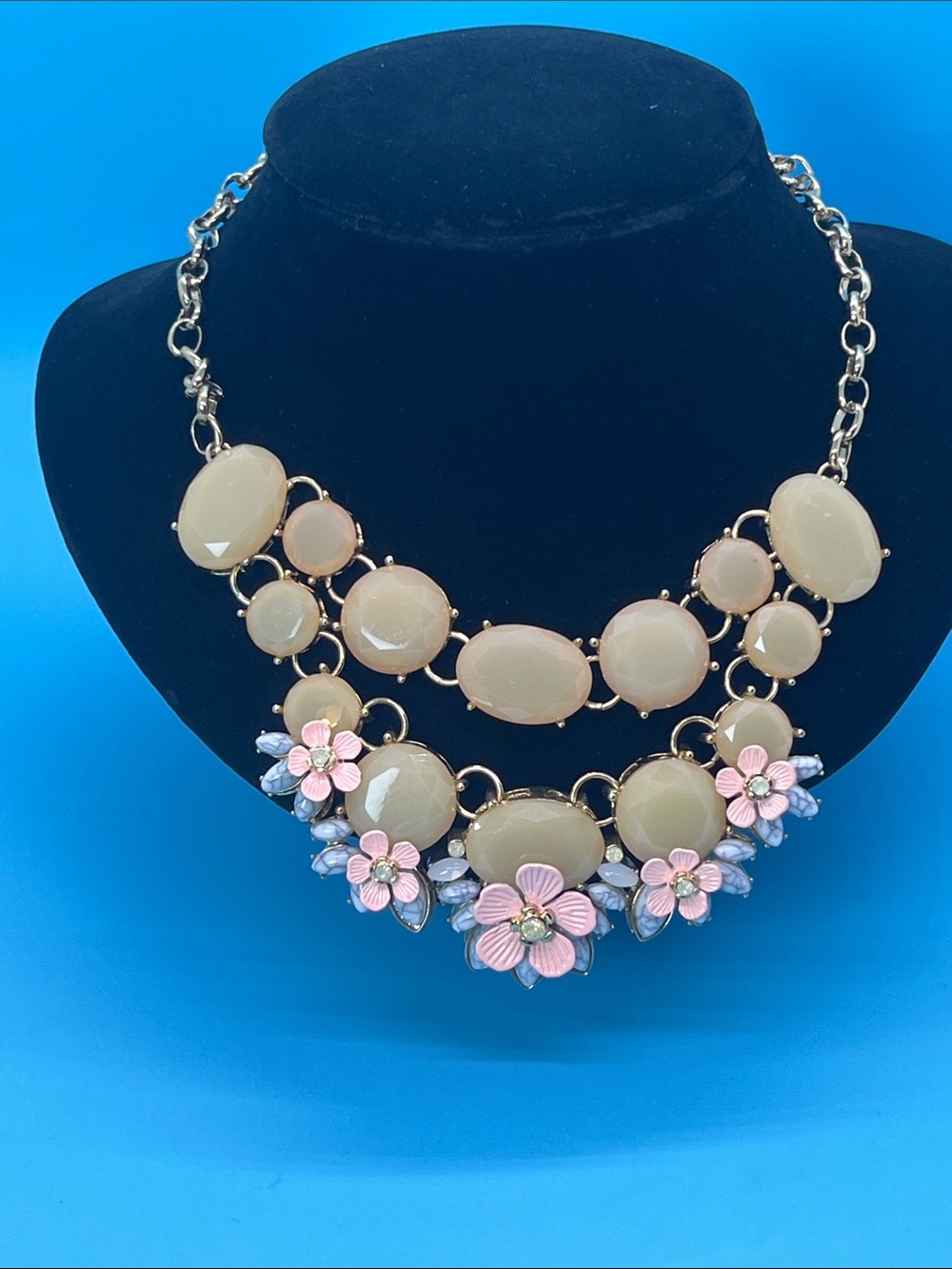 #0263.  Lane Bryant Pink Floral Bib Necklace with Cream Stones and Gold Chain